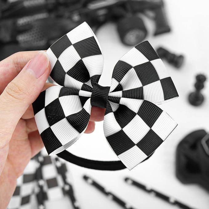 Black Hair Bows for Girls Racing Checkered Baby Bow Checkered Flag White Bow Elastic Nylon Headband for Infant Toddler Newborn Hair Accessories Gift