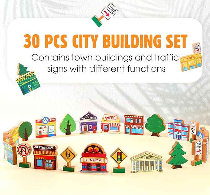 Blosssound 35 Pcs Wooden Town Building Play Toys for Kids City Street Traffic Signs Multicultural Community Block Train Track Accessories Preschool Classroom Educational Supplies Birthday Gifts