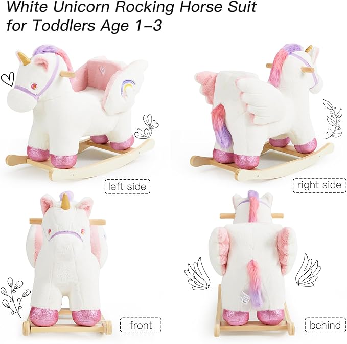 Baby Rocking Horse,Unicorn Wooden Rocking Horse for Toddlers 1 Year Old Cute Pink Stuffed Plush Ride-on Rocking Animal for Baby Girls Nursery/Child Christmas or Birthday Gift