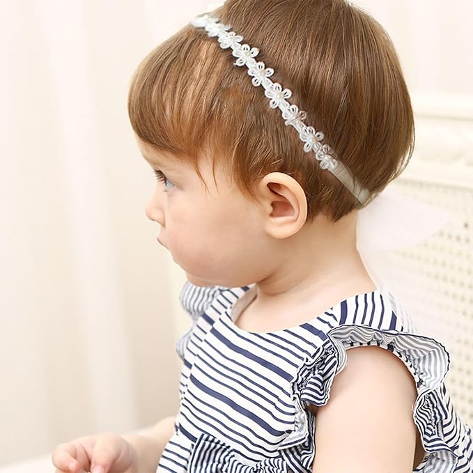 Baby Girl Super Elastic Headband - 1Pcs White Cotton Lace Toddler Hair Band Christening Headband Toddler Elastic Lace Headband Infant Soft Turban Baby Hair Accessories for Newborn Kids Girls Gifts