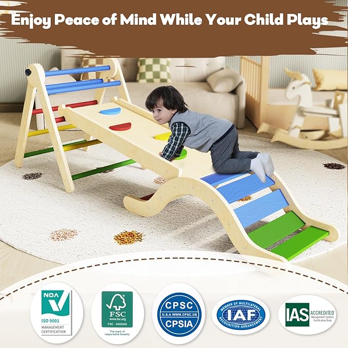 doowroodni Pikler Triangle Set 7in1 Toddler Climbing Toys Indoor Foldable Baby Climbing Toys Wooden Montessori Climbing Set with Arch, Ramp, Ladder for 1-3 Years, Jungle Gym for Kids Colored