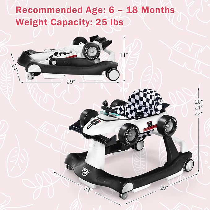 HOMGX Baby Walker with Wheels, Convertible Baby Push Walker & Race Car Mode, Infant Activity Center with Music Box, 3 Heights & 2 Speeds, Foldable Walkers for 6-18 Months (White)