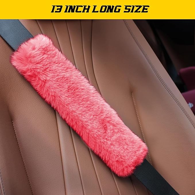 GAMPRO Car Seat Belt Pad Cover Kit, 2-Pack 13 inch Faux Rex Rabbit Fur Soft Comfortable Car Safety Seat Belt Strap Shoulder Pad for Adults and Children (Red)
