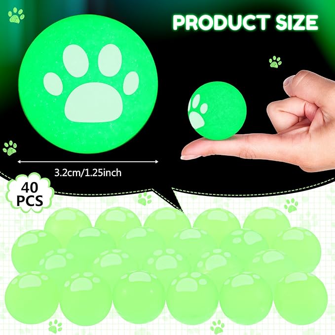 Seenelling 24 Pcs Glow in the Dark Bouncy Balls Dog Paw Rubber High Bouncing Balls for Kids Party Favor Classroom Gifts (Dog Paw, Green)