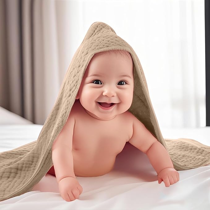 VitalCozy 12 Pcs Baby Muslin Hooded Bath Towels and Washcloths Muslin Cotton Hooded Baby Towels Absorbent Blankets for Gift Newborn Infant Shower (32 x 32 Inch,Earthy Tones)