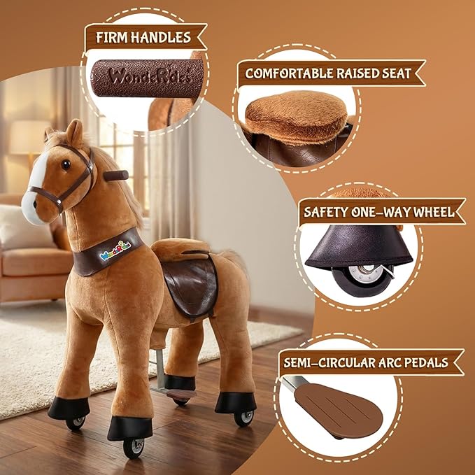WondeRides Ride on Horse Pony Brown Riding Horse Size 3 for Kids Age 3-4, 30.1 Inch Height Riding Pony Ride Plush Giddy up Rocking Mechanical Walking Animal Horse for Boys and Girls M345