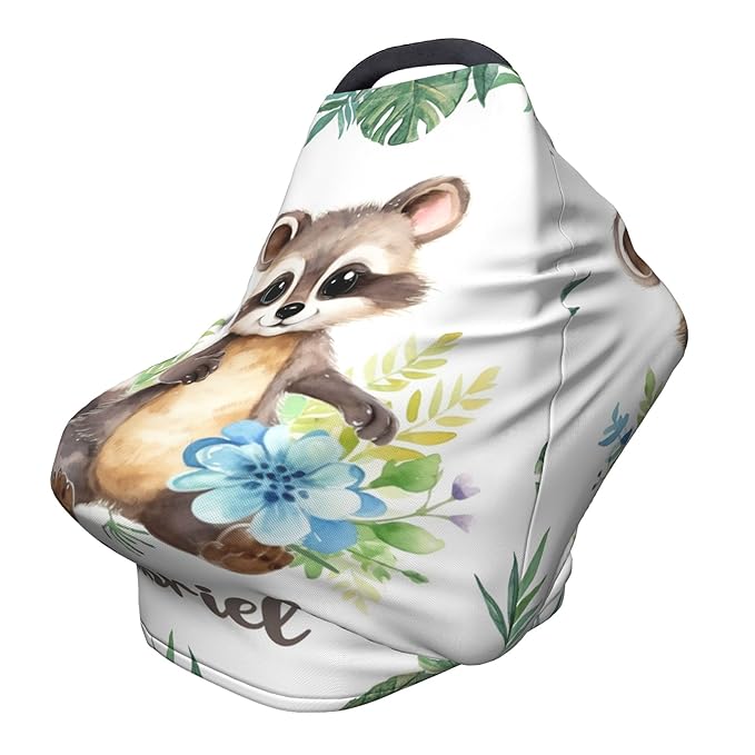 Personalized Car Seat Covers for Babies with Name – Multi-use Breastfeeding Cover Custom Raccoon Carseat Canopy Cover, Infant Stroller Covers for Boys and Girls
