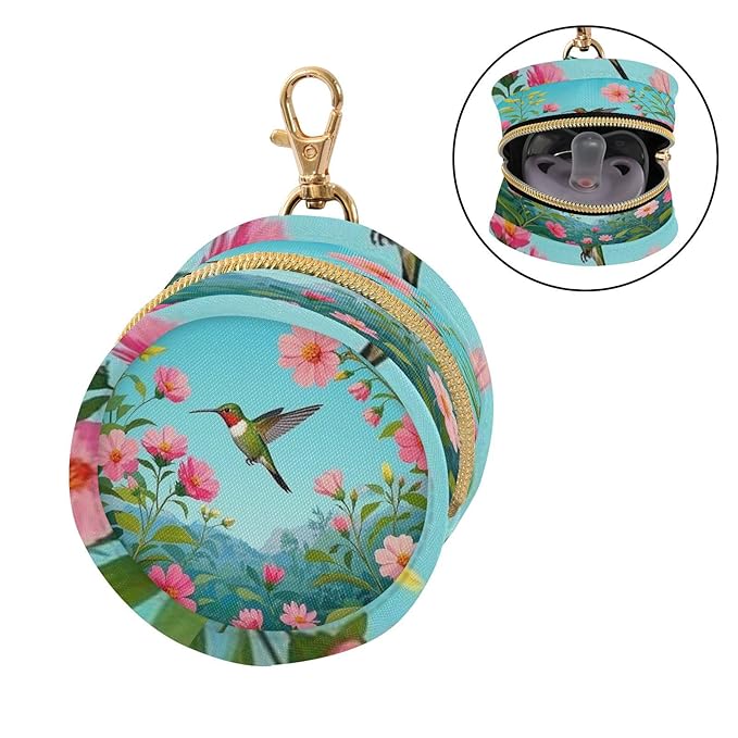 Pacifier Holder with Clip Pacifier Case for Diaper Bag Round Baby Pacifier Pouch Box Bag Portable Hummingbird Flower Leaf Far Mountain