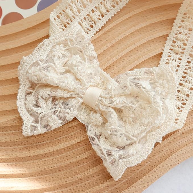 Lace White Bow-knot Baby Girls Headband Birthday Shower Infant Wrap Elastic Flower Baby Turban Hairband for Newborn Infant Toddler Kids (Ivory A, Elastic)