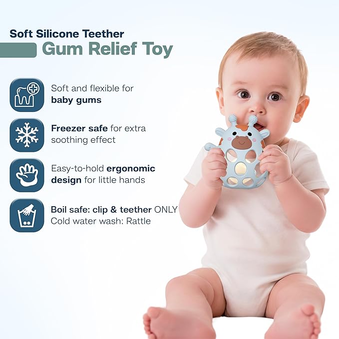 Giraffe Baby Teether with Pacifier Clip - 3 in 1 Teething Toy, Rattle & Clip Set, Food Grade Silicone BPA Free, Baby Teething Toys 3-6 Months, Baby Toys 6-12 Months