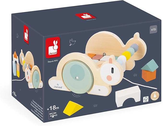 Janod Sweet Cocoon - Wooden Pull-Along Snail Cube Trolley - 17 Piece Set - Ages 18 Months - 3 Years - J03354