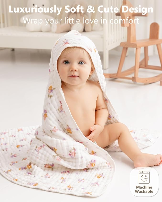 Baby Girl Bath Towels, 100% Muslin Cotton Hooded Baby Towels for Newborn, 2 Pack Baby Towels with Hood for Infant Toddler and Kids, Large 32x32Inch Essentials, Soft and Absorbent Pink Flower