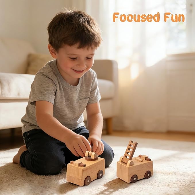 Wooden Toy Cars for 3 Year Old Boys & Girls - Construction Vehicles Set Push Toys for Toddlers, Wood Montessori Car with Rolling Wheels, Natural Wood Toys (Ladder Truck & Fire Truck)