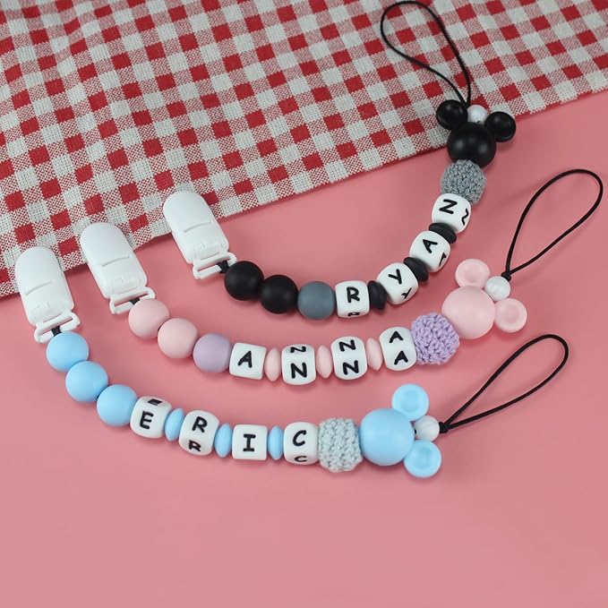Personalized Pacifier Clip with Name, Customized Pacifier Holder with Name for Baby, Paci Clips with Mouse Head Design