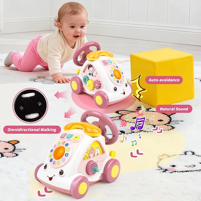 Love&Mini Baby Musical Toys for Girls - Crawling Steering Wheel Toys with Car, Telephone, Lights & Sounds - Multi-Functional Educational Gifts for 1+ Year Old Girls Birthday Xmas