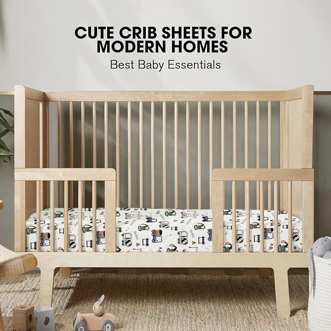 Little Grape Land Crib Sheets for Boys and Girls, 2pk Baby Crib Fitted Sheet for Standard Size Crib and Toddler Mattress, Super Soft Baby Sheet (Navy Trucks)