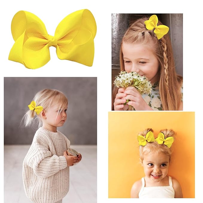 3' Hair Bows Clips for Girls & Toddlers - 6 PCS Alligator Clips Grosgrain Ribbon Solid Color Hair Accessories - Yellow