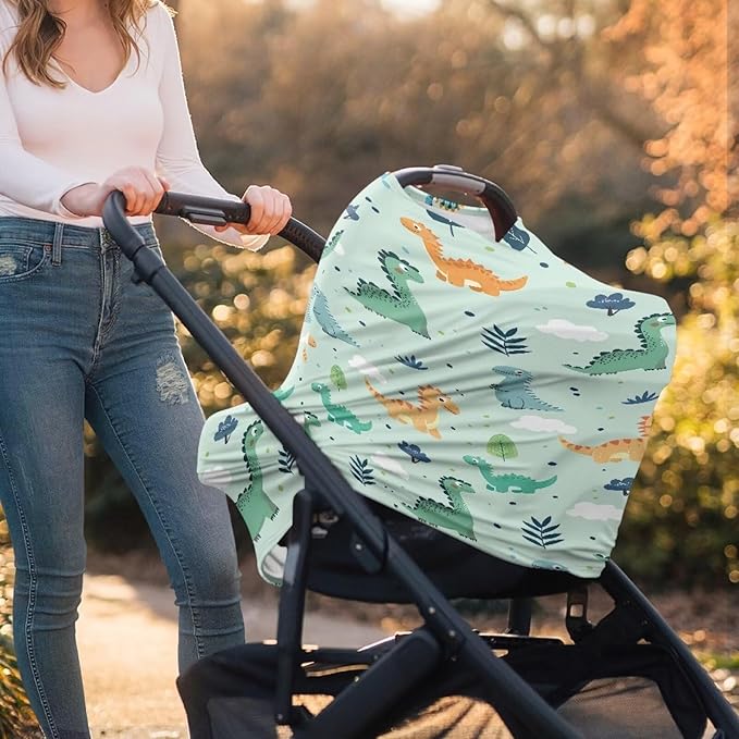 AFPANQZ Dino Stretchy Baby Car Seat Nursing Breastfeeding Cover Super Breathable Multiuse Infant Carseat Canopy Stroller Cover Scarf All Seasons Girl Baby