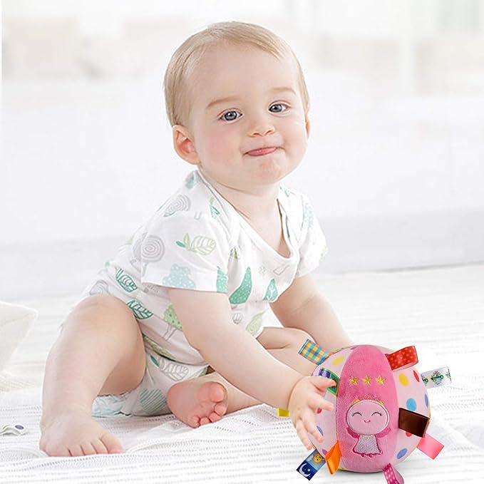 Baby Colorful Tag Ball - Soft Plush Rattle Ball Toy for Early Educational, Stuffed Animal Multi Sensory Toy for Baby Kids Toddlers Infants, Ribbon Tag Ball