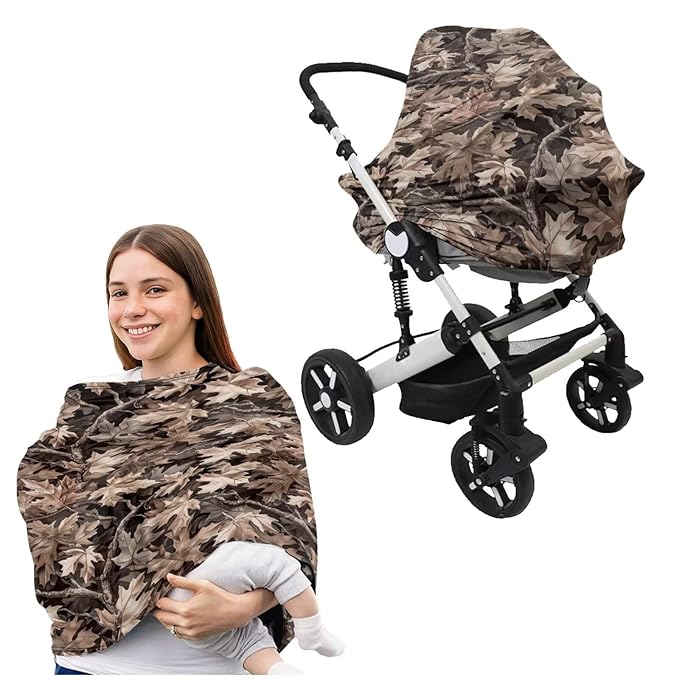 Camo Hunting Print Car Seat Cover with U-Shaped Pillowcases 2 Piece Set for Babies Stretchy Infant Carseat Cover Pillow Covers Breathable Nursing Cover-Up