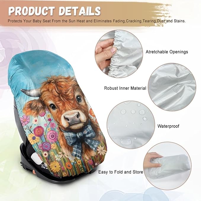 XYZCANDO Highland Cow Toddler Car Seat Cover Fashion Car Seat Sun Protection Easy to Install Car Seat Covers for Babies Girl Dustproof Baby Car Seat Shade Cover Car Decor Gift for Wife