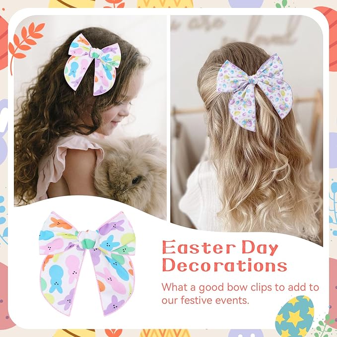 7 PCS Easter Hair Bows for Girls, 4.5 Inch Colorful Toddler Bows Clips With Bunny Rabbit Chick Easter Egg Pattern Hair Accessories for Kids Party Decorations
