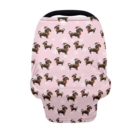 AFPANQZ Christmas Dachshund Baby Car Seat Cover Canopy and Nursing Cover Infant Baby Car Canopy Cover Warm Breathable Windproof Open Peep Top Universal Fit
