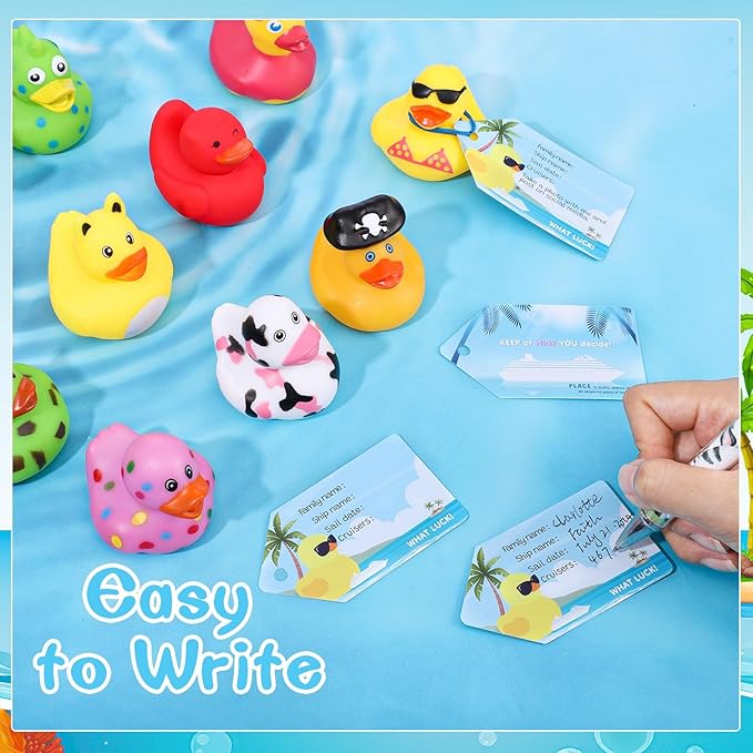 100Pcs Cruise Ducks Tags Kits Includes 30 Cruising Ducks with 30 Cruise Duck Tags & 40 Rubber Bands Assorted Random Rubber Ducks for Cruise Ship Hiding Ducks Easter Basket Stuffers