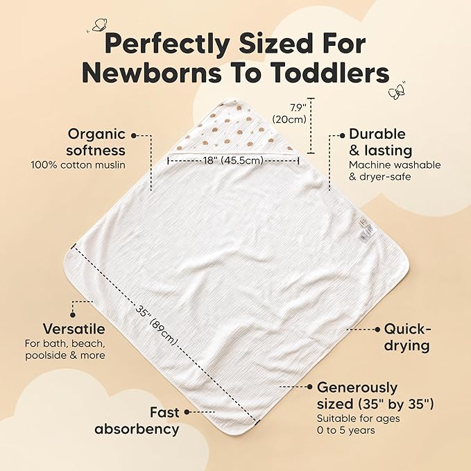 KeaBabies Muslin Baby Bath Towels with Hood for Girls, Boys -Large Organic Cotton Hooded Baby Towels for Newborns,Toddlers,Infant,Kids,Soft Absorbent Newborn Bath Essentials Gift Set(Bruce, Regular)