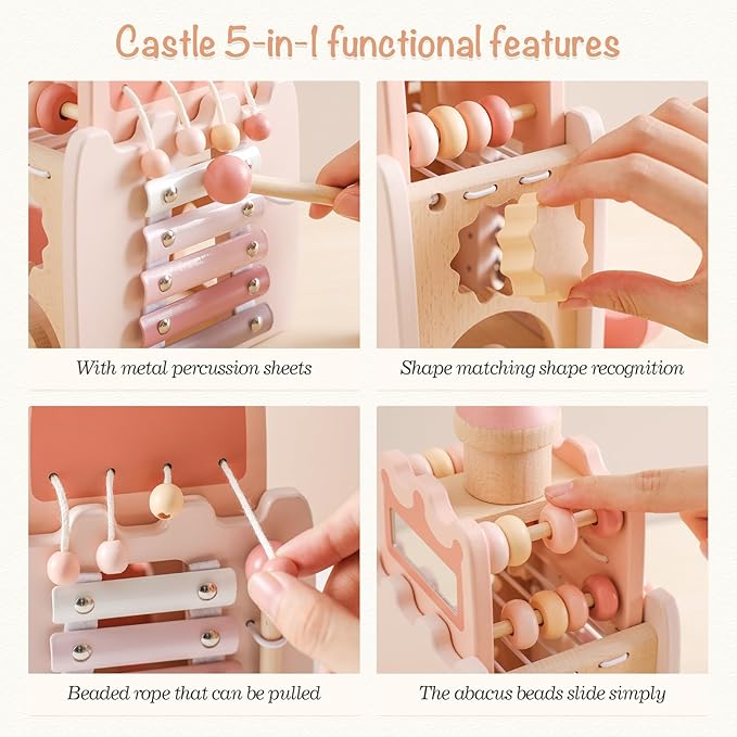 Youuys Wooden Activity Cube 9-in-1 Montessori Toys for 3+ Year Old Boys & Girls, Multipurpose Educational Sensory Learning Toys for Baby Toddlers with Mirror, First Birthday Gift (Castle)