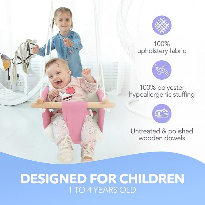 CaTeam - Canvas Baby Swing, Wooden Hanging Swing Seat Chair with Safety Belt, Durable Baby Swing Chair, Outdoor and Indoor Swing for Kids, Mounting Hardware Included, Pink