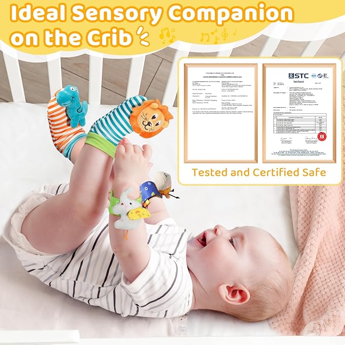 URMYWO Wrist Rattles for Baby - Rattle Socks - Foot Finder Set - Baby Toys for 0-12 Months Infant - Newborn Essentials - Early Learning Sensery Toys for Boy Girl as Shower Gifts Easter Basket Stuffer
