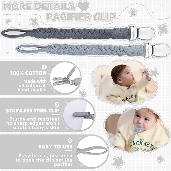 4 Pcs Pacifier Clip, Pacifier Clips for Boys & Baby Girls Pacifier Holder Clip Binky Clips Braided 100% Handmade Fits All Pacifiers(Grey, 4 Pack)