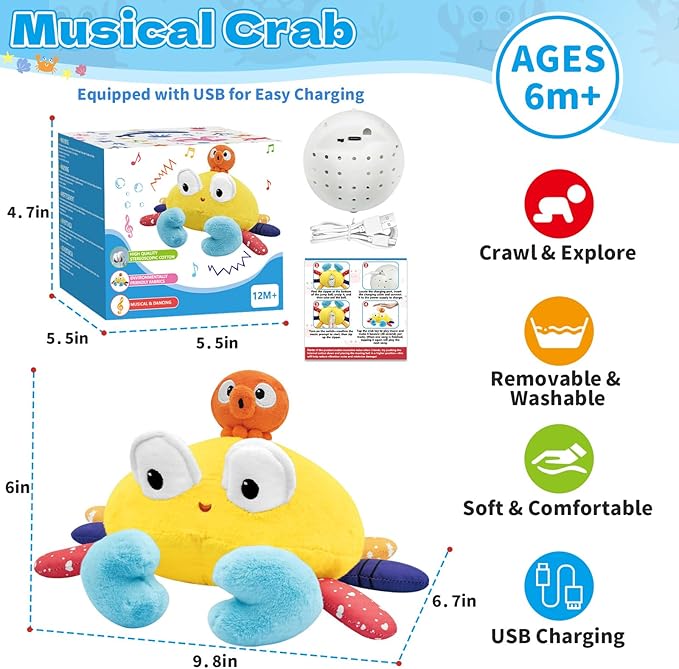 Infowush Baby Toys 6-12-18 Months - Musical Crawling Crab Plush Toy, Dancing Walking Bouncing Tummy Time Toy Interactive Sensory Learning Toys for Toddlers 1-3, Birthday Gifts for Infants Boys Girls