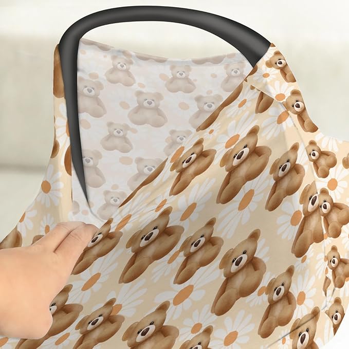 Vintage Bear Daisy Baby Car Seat Covers Retro Bears Boho Floral Stretchy 5-in-1 Cover Adjustable Car Canopy Breastfeeding Cover Spring Animals Breathable Nursing Cover-Up
