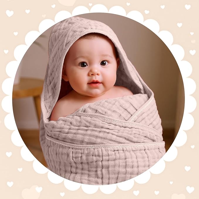 Peryiter 6 Pcs Muslin Hooded Baby Towels, 32"x 32" Cotton Newborn Bath Towel Muslin Infant Baby Blankets Absorbent Unisex Newborn Registry Gift Essentials for Girls Boys (Pink,Blush,Red)