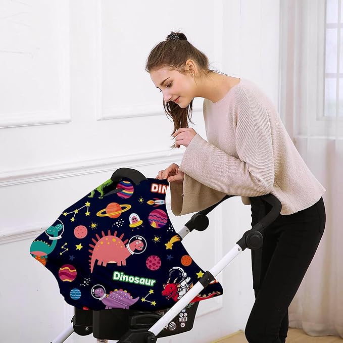 Personalised Car Seat Cover for Girls and Boys - 7 in 1 Deep Blue Dinosaur Print Multipurpose Breast Feeding Cover, Nursing Cover, Grocery Cart Cover - Birthday Gift for Babies(27"x29")
