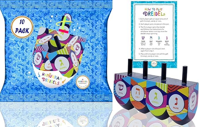 The Dreidel Company Extra Large Hand Painted Wood Hanukkah Dreidels, 24-Pack Retro Dreidel Design