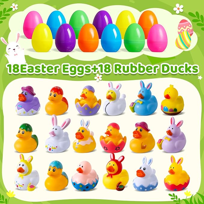 18 Pcs Easter Rubber Ducks with 18 Pcs Easter Eggs, Easter Ducks for Jeeps Easter Egg Fillers Basket Stuffers Party Favors, Rubber Ducks for Ducking Bath Toys for Kids Toddler with a Storage Bag