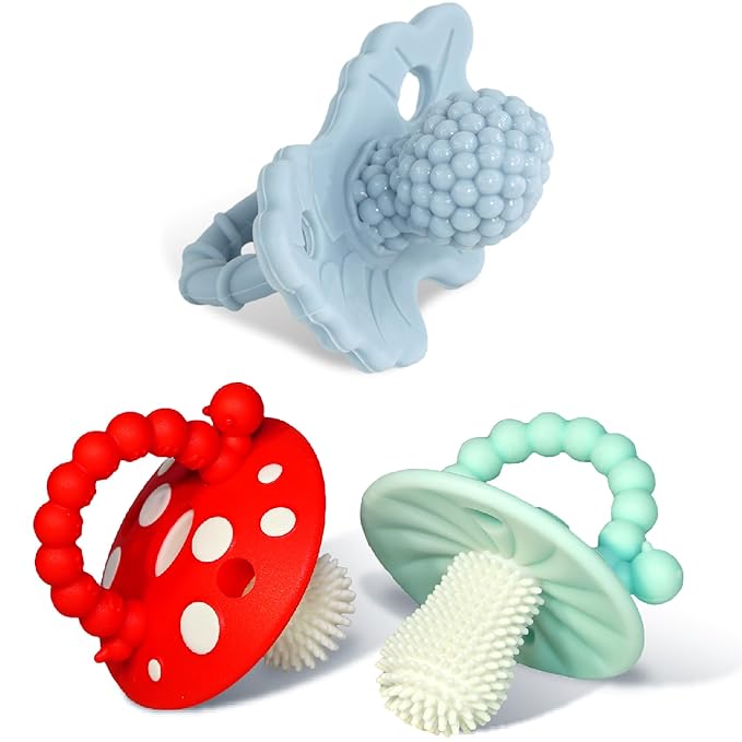 RaZbaby RaZberry(1) and Chompy(2) Teether Pacifier - 3m+ - BPA Free, Designed by Nature for Teething Relief