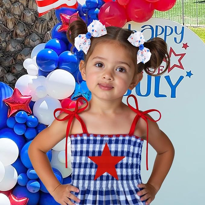 YanJie 2pcs 4th of July Hair Clips 4'' Blue Bow Stars Baby Girls Clips American Flag Hair Bow Patriotic Hairgrips Hair Accessories Independence