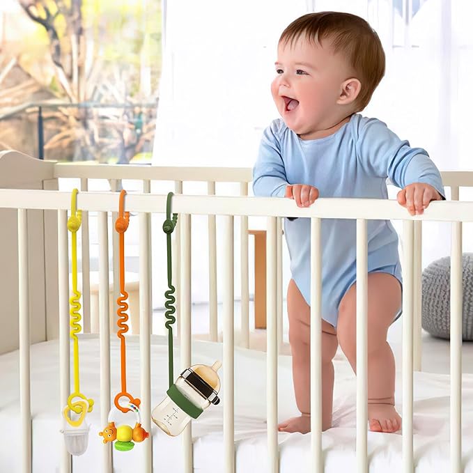 Toy Straps for Baby – 3 Pack Adjustable Silicone Toy Straps for Baby and Sippy Cup Straps for Strollers, High Chairs, Cribs, Car Seats, Food Grade Silicone, BPA Free (Orange+Yellow+Olive)