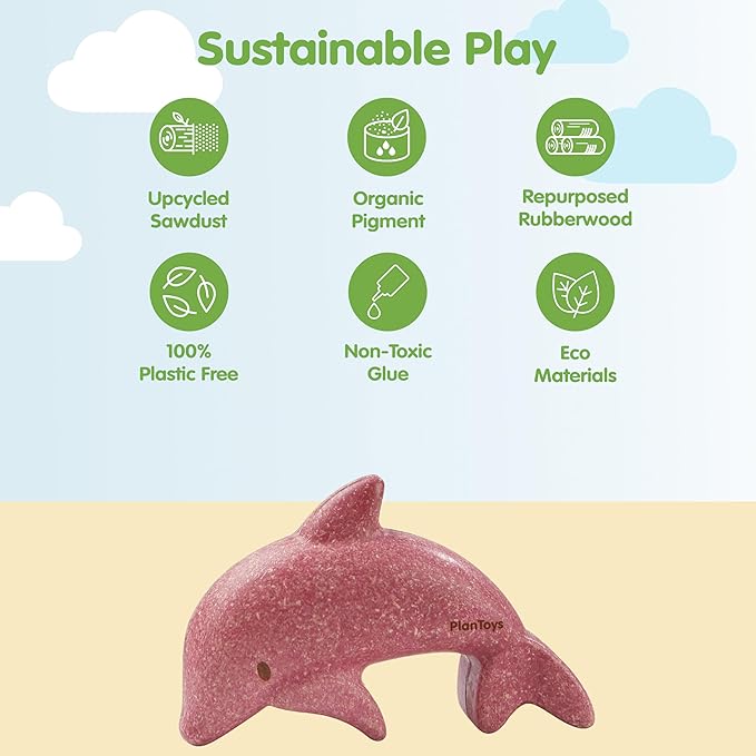 PlanToys® Wooden Dolphin Figurine | Montessori Inspired Toy for Imaginative and Creative Play | Eco Friendly Ocean Animal Figure for Bath and Water Play