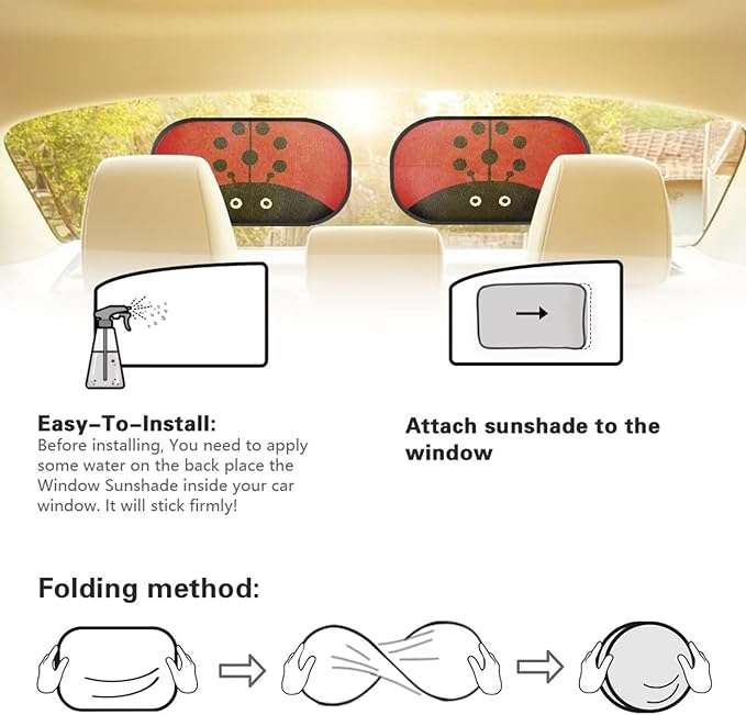 Bulopur 2 Pack Car Shades for Back Windows Baby Cute Ladybug Glare Shield Protection Easy to Install Mesh Car Window Covers Fit for Most Cars, Vehicles, SUVs