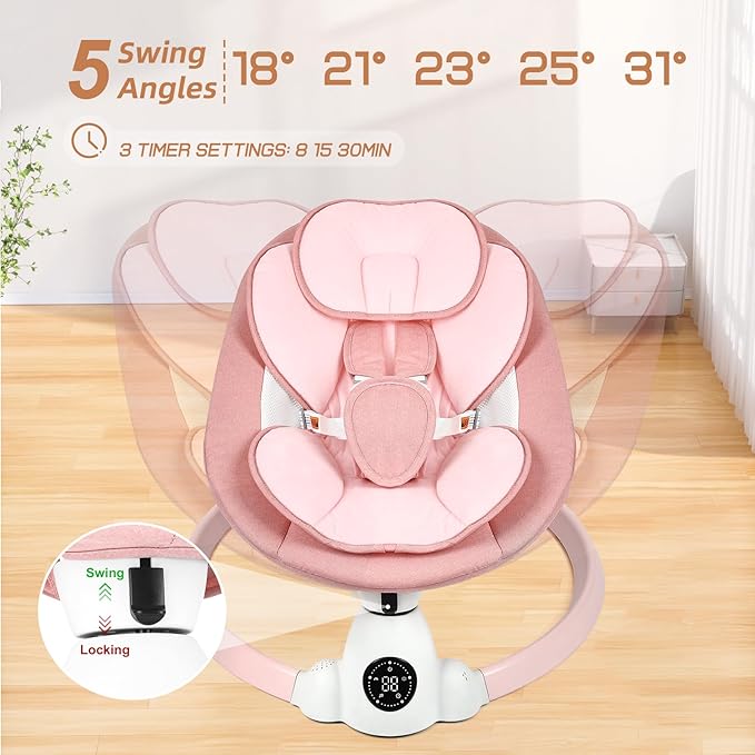 Uuoeebb Baby Swing for Infants, Portable Electric Baby Swings with Bluetooth, 5 Swing Speed, 10 Lullabies, 5-Point Harness, Remote Control & Touch Panel - Infant Swing for Indoor & Outdoor Use, Pink