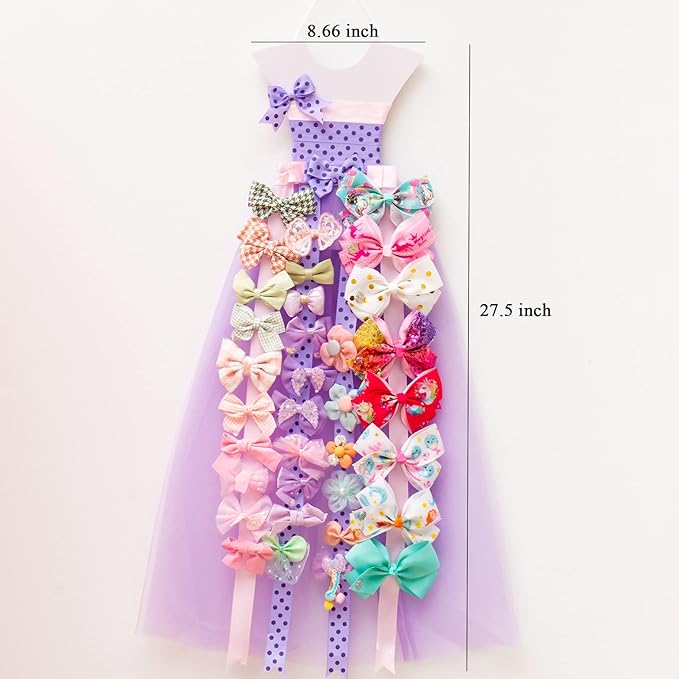 Bow Holder for Girls Hair Bows, Purple Princess Dress Hairbow Organizer, Wall Hanger Bow Rack Organizer for Girls Baby Room