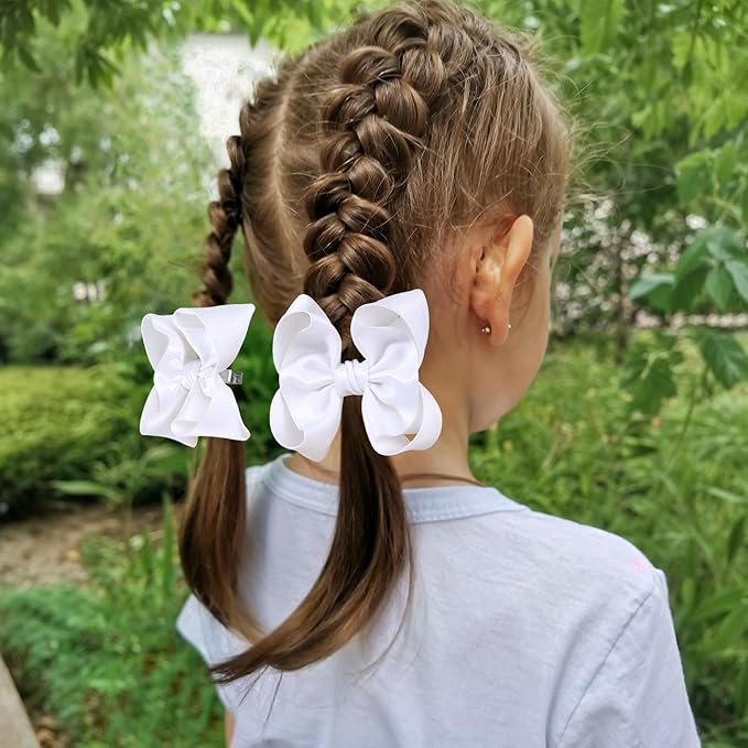 OAOLEER 2PCS 3.5inch Hair Bows for Girls，White Stain Ribbon Hair Bows Alligator Clips Hair Accessories for Back To School Teen Toddler Girls Kids (White)