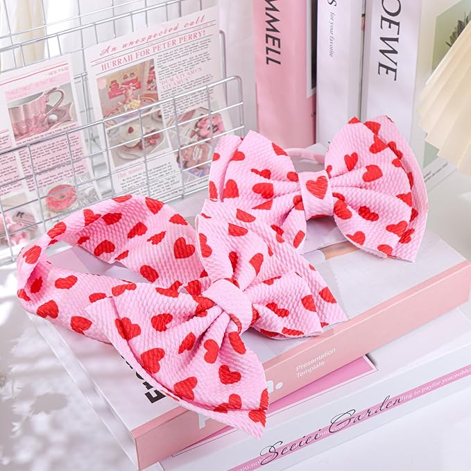 YanJie HAIRBAND 2 Pack - Valentines Design, Red Heart Handmade Headbands for Girls Infants Toddlers, Soft Comfortable Nylon Hairbands Accessories, Cute Baby Dress Up Gift