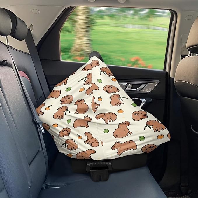GIFTPUZZ Capybara Stretchy Baby Car Seat Cover for Baby, Multiuse for Nursing Breastfeeding Cover, Shopping Cart/High Chair/Stroller Cover, Car Seat Canopies, Boys and Girls Shower Gifts