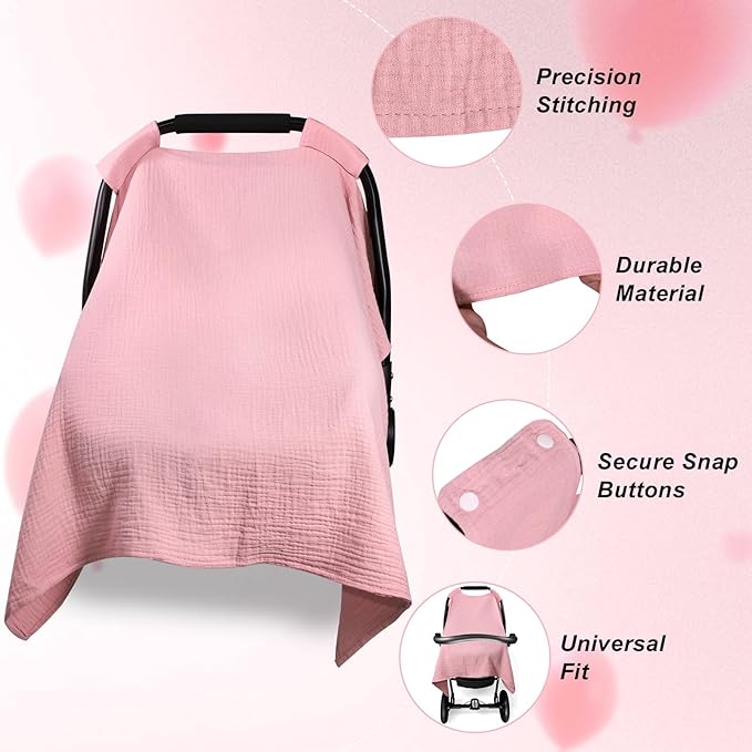 Carseat Covers Baby Girl, Soft Muslin Cotton Baby Car Seat Cover, Lightweight Breathable Infant Carseat Cover for Sunshade & Privacy, Car Seat Covers for Babies (Blush Pink)